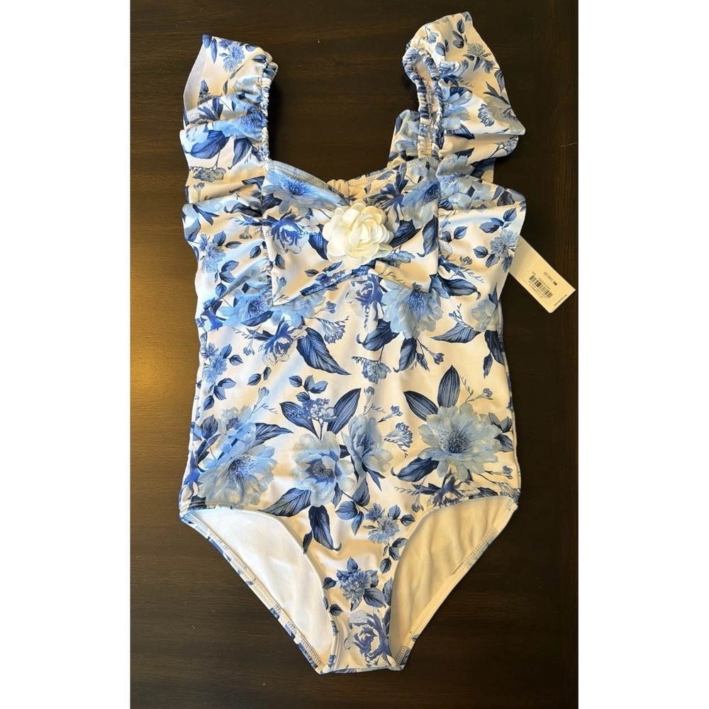 Janie and Jack NWT Girls Recycled Floral Rosette Swimsuit Blue White Size 10